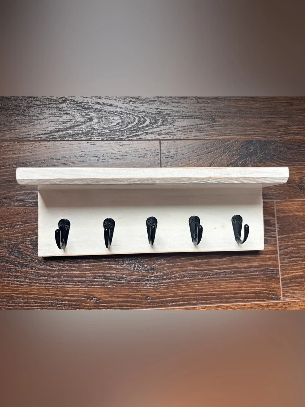 Wood Wall-Mounted Key/Misc. Shelf with 5 Hooks - White